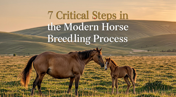 A realistic, premium photograph of a brown mare and her young foal standing in a lush green pasture at sunset, with the title "7 Critical Steps in the Modern Horse Breeding Process" overlaid in elegant, clean typography.