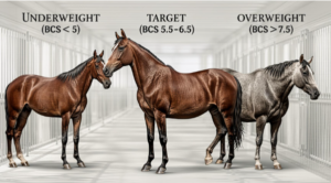 A realistic photographic comparison chart of three adult horses in profile, illustrating different Body Condition Scores (BCS): Underweight (BCS < 5), Target Condition (BCS 5.5–6.5), and Overweight (BCS > 7.5), set in a clean breeding barn. 