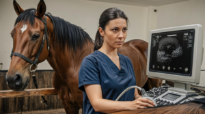 A realistic photo of a veterinarian in dark scrubs performing a rectal ultrasound on a standing bay mare in a reproductive clinic, with the focused display showing developing ovarian follicles. 