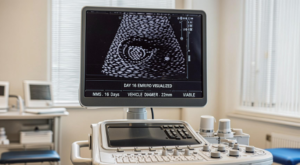 A high-resolution close-up photo of a modern veterinary ultrasound monitor screen in a diagnostic clinic, clearly displaying a circular early-stage embryonic vesicle descending within a mare's uterine horn on day 16.
