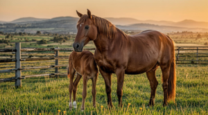 A premium, realistic photograph of a majestic bay mare peacefully nuzzling her elegant young chestnut foal in a sun-drenched green pasture at sunset, set against rolling hills and a rustic fence. 
