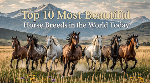 Top 10 Most Beautiful Horse Breeds in the World Today - Majestic herd of diverse stunning horses including Arabian, Friesian, and Akhal-Teke galloping through golden sunset meadow