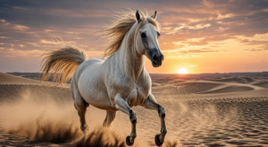 Elegant white Arabian horse galloping in desert - one of the most beautiful horse breeds