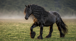 Majestic black Friesian horse with flowing mane - one of the most beautiful horse breeds