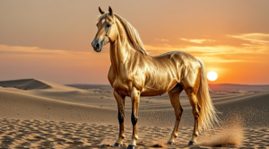 Rare golden Akhal-Teke with metallic sheen coat - one of the most beautiful horse breeds in the world