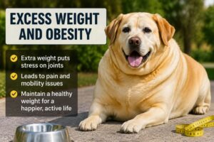 Overweight Labrador dog showing the effects of excess weight and obesity on joint health and mobility