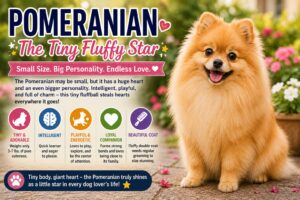 A fluffy orange Pomeranian sitting in a colorful garden, showcasing the breed's adorable appearance, playful personality, intelligence, and luxurious double coat.