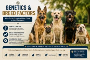 Different dog breeds showing genetic factors that can affect joint health and mobility