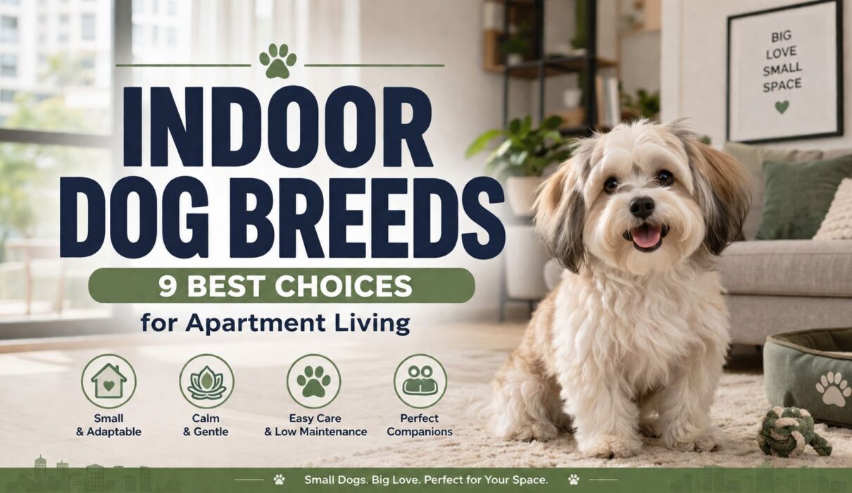 A small fluffy indoor dog sitting in a modern apartment living room with the text "Indoor Dog Breeds: 9 Best Choices for Apartment Living."