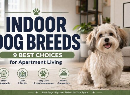 A small fluffy indoor dog sitting in a modern apartment living room with the text "Indoor Dog Breeds: 9 Best Choices for Apartment Living."