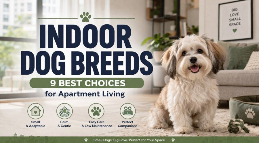 A small fluffy indoor dog sitting in a modern apartment living room with the text "Indoor Dog Breeds: 9 Best Choices for Apartment Living."