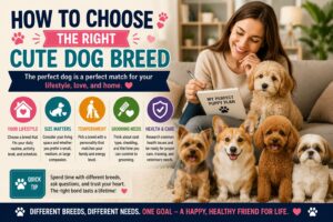 A woman comparing several cute dog breeds while planning to adopt a puppy, highlighting factors such as lifestyle, size, temperament, grooming, and health care.