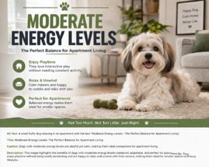 A happy small indoor dog relaxing on a rug in a modern apartment with the heading "Moderate Energy Levels – The Perfect Balance for Apartment Living."