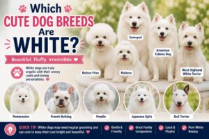 A collection of adorable white dog breeds including the Samoyed, Maltese, Bichon Frise, American Eskimo Dog, West Highland White Terrier, Japanese Spitz, Poodle, Pomeranian, French Bulldog, and Bull Terrier.