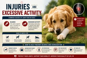 Golden Retriever with a bandaged paw showing joint problems caused by injuries and excessive activity