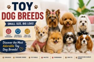 A collection of popular toy dog breeds including Chihuahua, Yorkshire Terrier, Toy Poodle, Maltese, Pomeranian, Shih Tzu, and Cavalier King Charles Spaniel.