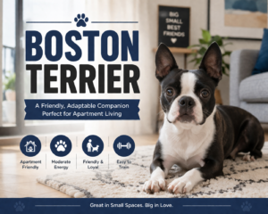 A black and white Boston Terrier lying on a rug in a modern apartment living room with text highlighting it as a friendly, apartment-friendly companion.