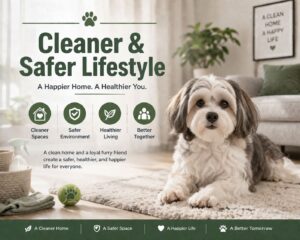A small indoor dog resting on a clean rug in a bright, tidy living room, representing a cleaner and safer home environment for apartment living.