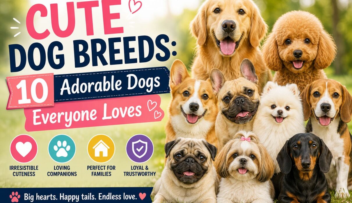 A collection of cute dog breeds including a Golden Retriever, Poodle, Corgi, French Bulldog, Pomeranian, Beagle, Pug, Shih Tzu, and Dachshund in a cheerful park setting.
