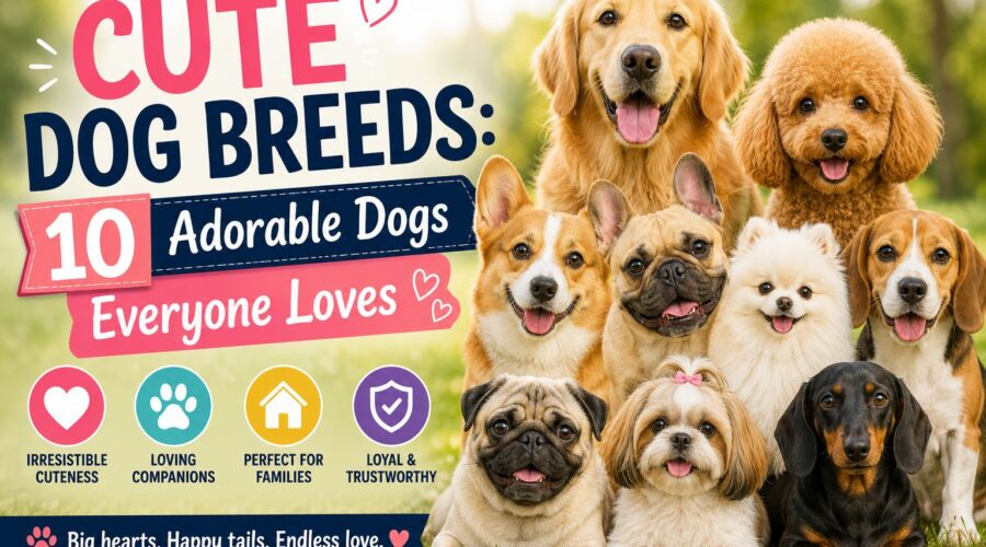 A collection of cute dog breeds including a Golden Retriever, Poodle, Corgi, French Bulldog, Pomeranian, Beagle, Pug, Shih Tzu, and Dachshund in a cheerful park setting.