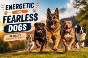 German Shepherd, Rottweiler, Pit Bull, Border Collie, and Beagle running across a field, representing energetic and fearless dog breeds.