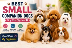 Small companion dog breeds including Pomeranian, Chihuahua, Shih Tzu, Toy Poodle, Maltese, and Cavalier King Charles Spaniel sitting together indoors.
