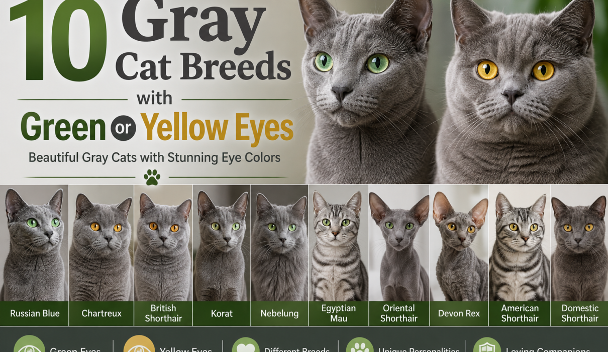 Infographic featuring 10 gray cat breeds with green or yellow eyes, including Russian Blue, Chartreux, British Shorthair, Korat, Nebelung, Egyptian Mau, Oriental Shorthair, Devon Rex, American Shorthair, and Domestic Shorthair