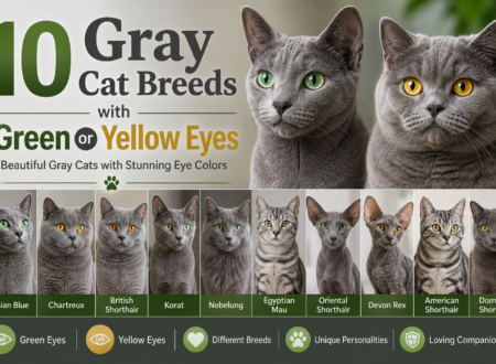 Infographic featuring 10 gray cat breeds with green or yellow eyes, including Russian Blue, Chartreux, British Shorthair, Korat, Nebelung, Egyptian Mau, Oriental Shorthair, Devon Rex, American Shorthair, and Domestic Shorthair