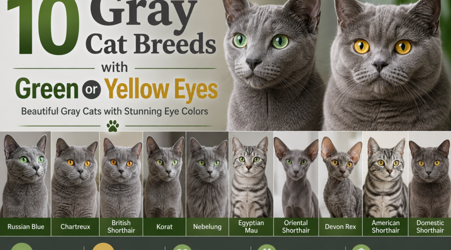Infographic featuring 10 gray cat breeds with green or yellow eyes, including Russian Blue, Chartreux, British Shorthair, Korat, Nebelung, Egyptian Mau, Oriental Shorthair, Devon Rex, American Shorthair, and Domestic Shorthair