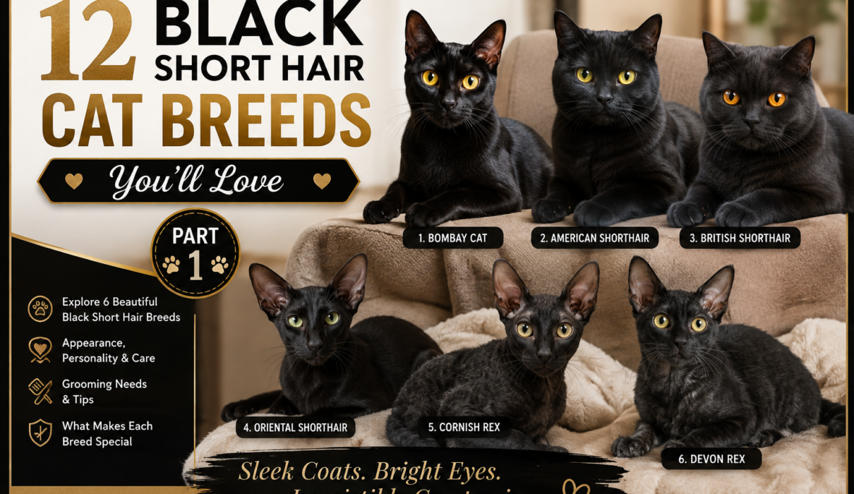 Six black short-haired cat breeds including Bombay, American Shorthair, British Shorthair, Oriental Shorthair, Cornish Rex, and Devon Rex