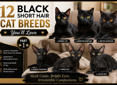Six black short-haired cat breeds including Bombay, American Shorthair, British Shorthair, Oriental Shorthair, Cornish Rex, and Devon Rex