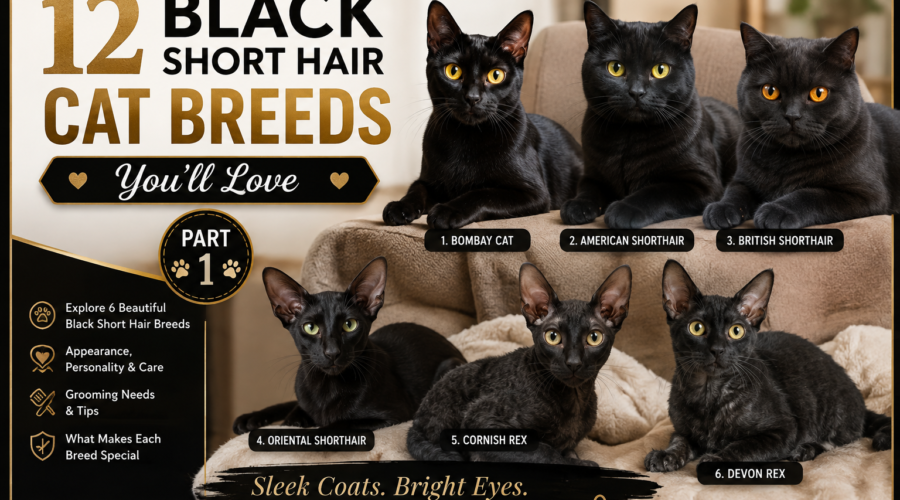 Six black short-haired cat breeds including Bombay, American Shorthair, British Shorthair, Oriental Shorthair, Cornish Rex, and Devon Rex