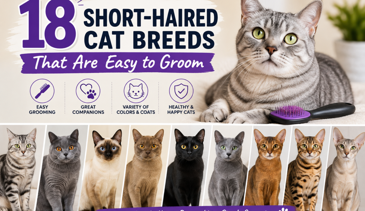 18 short-haired cat breeds that are easy to groom, featuring cats with different coat colors and personalities.