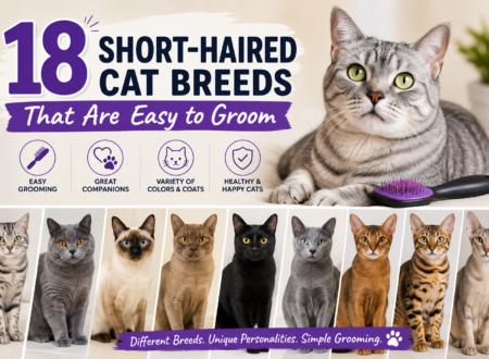 18 short-haired cat breeds that are easy to groom, featuring cats with different coat colors and personalities.
