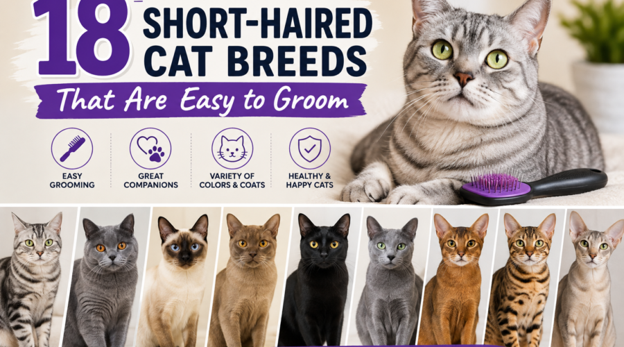 18 short-haired cat breeds that are easy to groom, featuring cats with different coat colors and personalities.