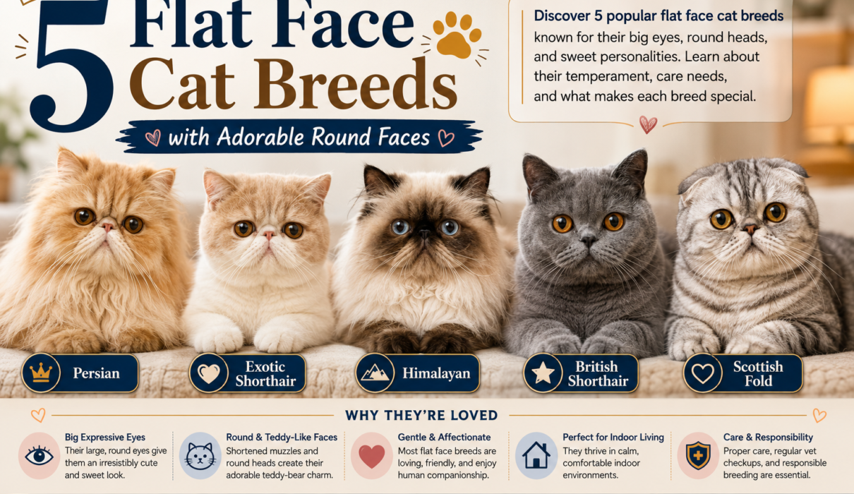 Five flat face cat breeds with adorable round faces, including Persian, Exotic Shorthair, Himalayan, British Shorthair, and Scottish Fold.