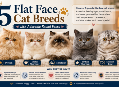 Five flat face cat breeds with adorable round faces, including Persian, Exotic Shorthair, Himalayan, British Shorthair, and Scottish Fold.