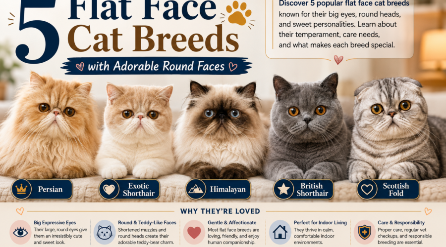 Five flat face cat breeds with adorable round faces, including Persian, Exotic Shorthair, Himalayan, British Shorthair, and Scottish Fold.