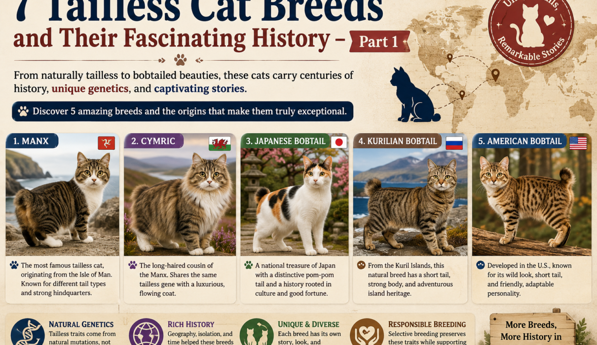 Five tailless and bobtail cat breeds, including Manx, Cymric, Japanese Bobtail, Kurilian Bobtail, and American Bobtail.