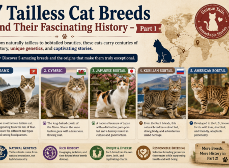 Five tailless and bobtail cat breeds, including Manx, Cymric, Japanese Bobtail, Kurilian Bobtail, and American Bobtail.