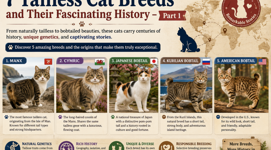 Five tailless and bobtail cat breeds, including Manx, Cymric, Japanese Bobtail, Kurilian Bobtail, and American Bobtail.
