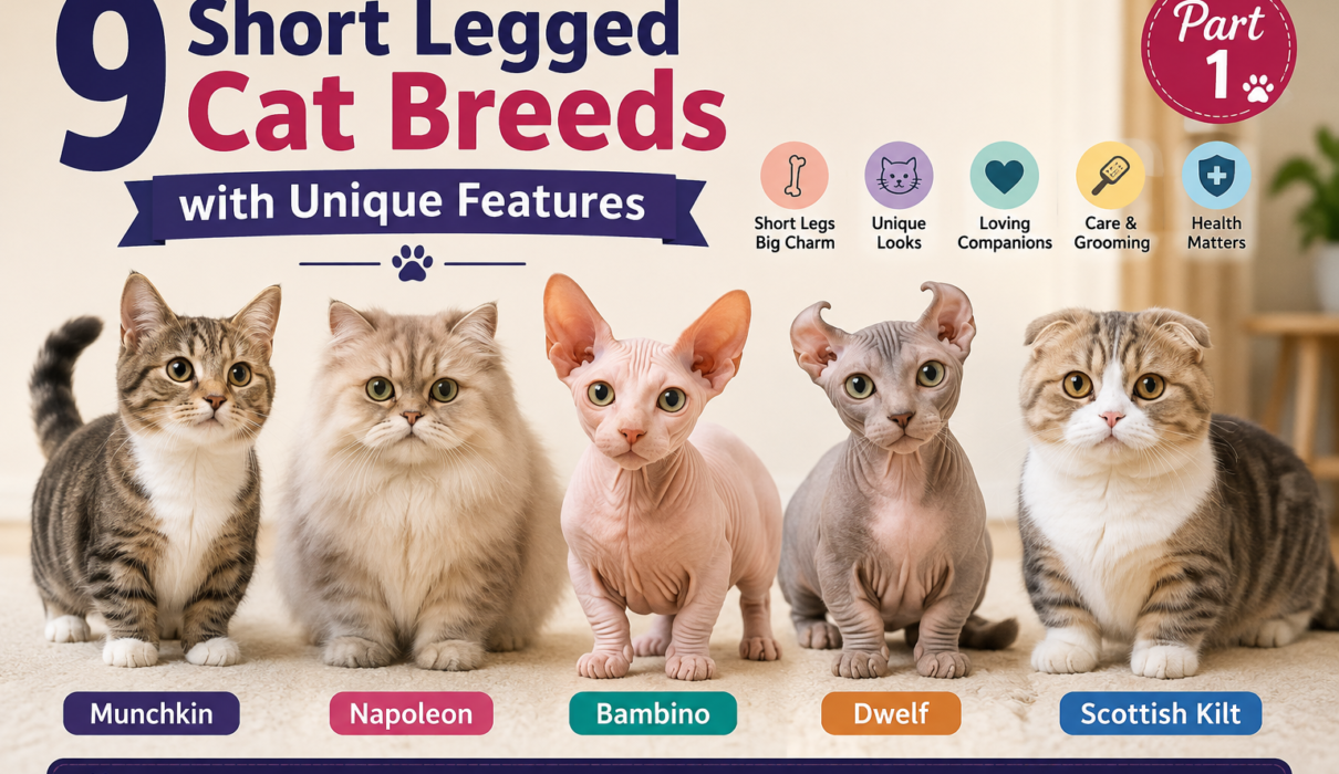 Five short legged cat breeds including Munchkin, Napoleon, Bambino, Dwelf, and Scottish Kilt.