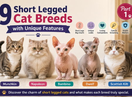 Five short legged cat breeds including Munchkin, Napoleon, Bambino, Dwelf, and Scottish Kilt.
