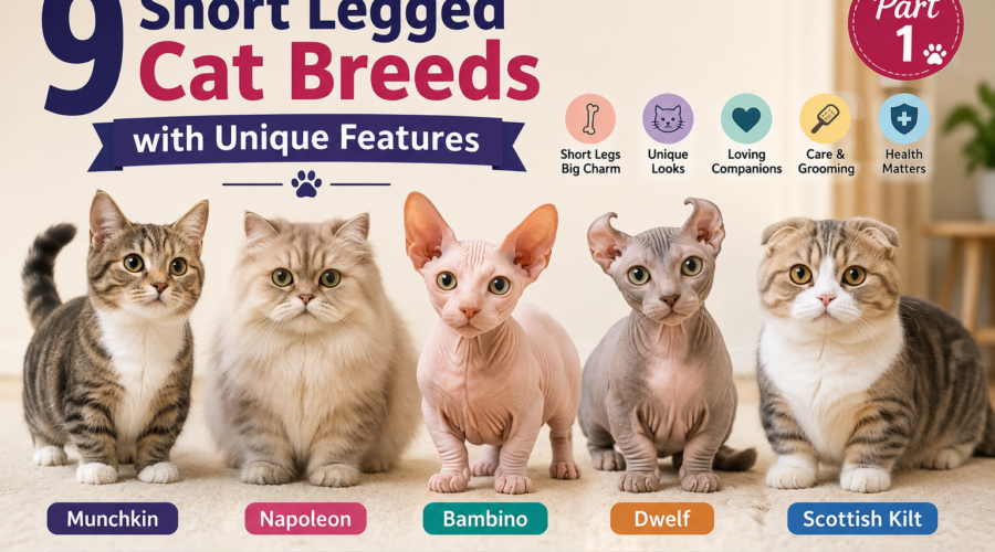 Five short legged cat breeds including Munchkin, Napoleon, Bambino, Dwelf, and Scottish Kilt.
