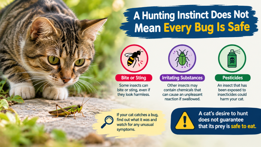A cat hunting a bug with warnings about bites, irritating substances, and pesticides