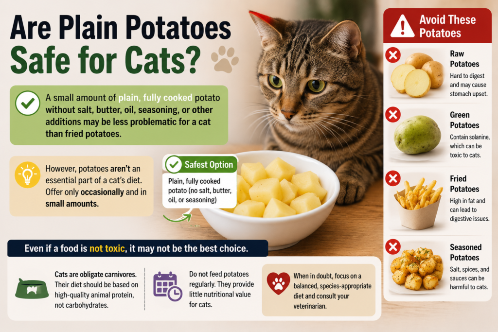 Tabby cat beside a bowl of plain cooked potatoes with guidance showing safe and unsafe types of potatoes for cats.