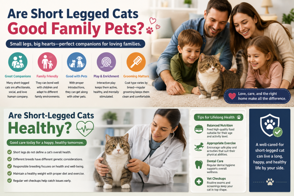 Short-legged cat with a loving family and veterinarian, illustrating family suitability, care, and health.