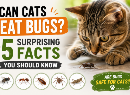 Can Cats Eat Bugs. A cat looking at a bug with text saying “Can Cats Eat Bugs? 5 Surprising Facts You Should Know” alongside images of common insects like flies, ants, spiders, cockroaches, and grasshoppers.