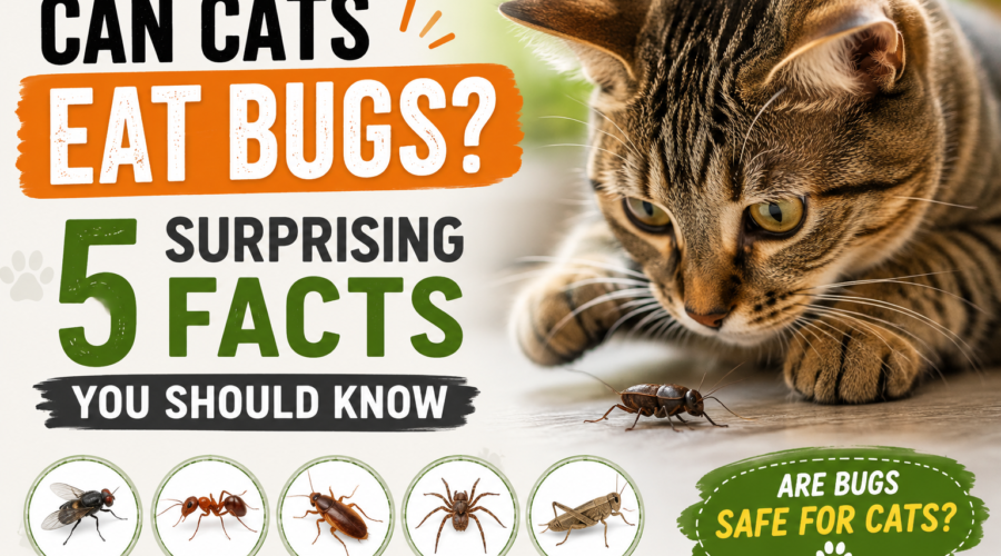 Can Cats Eat Bugs. A cat looking at a bug with text saying “Can Cats Eat Bugs? 5 Surprising Facts You Should Know” alongside images of common insects like flies, ants, spiders, cockroaches, and grasshoppers.
