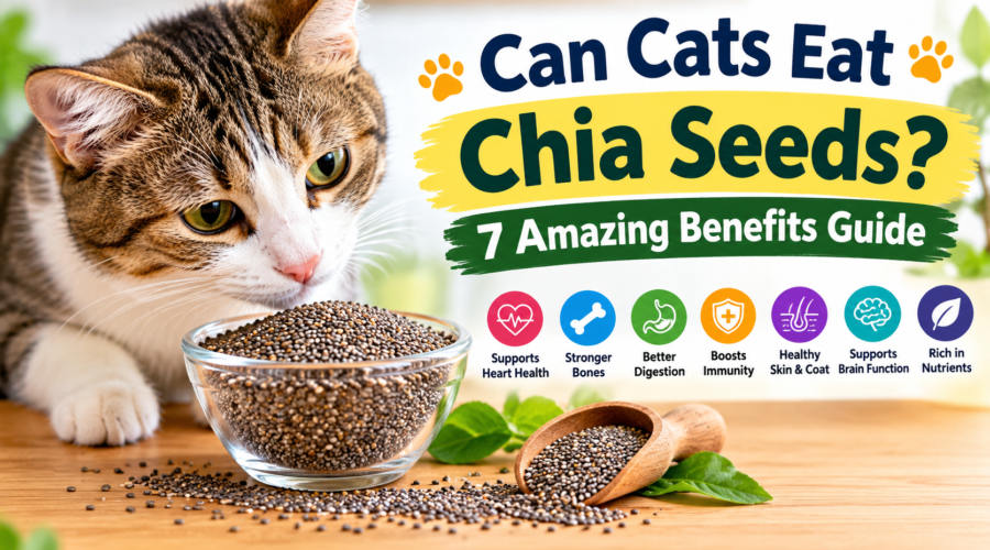 Cat beside a bowl of chia seeds with an infographic showing seven potential benefits, including heart health, digestion, immunity, skin and coat, brain function, bones, and nutrients.